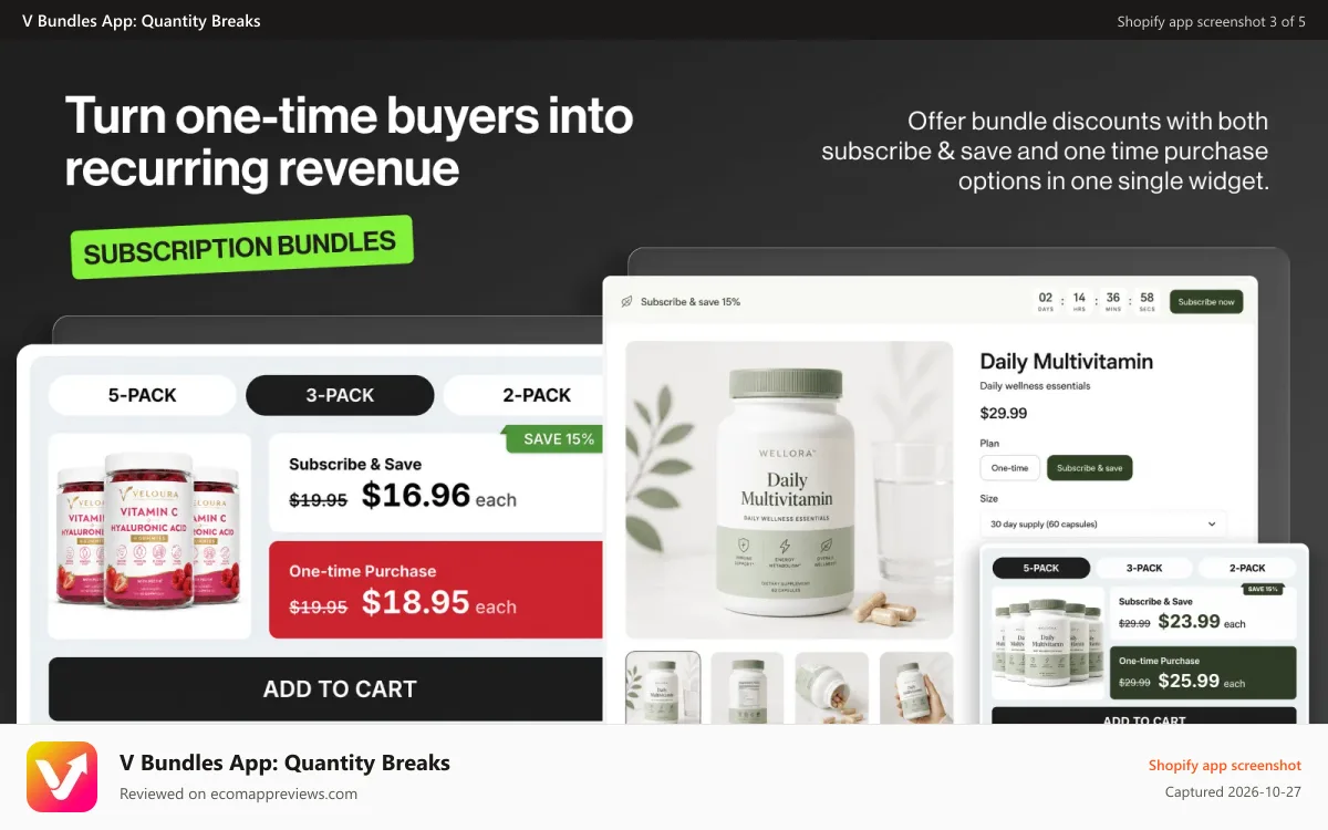 V Bundles App: Quantity Breaks Shopify app screenshot: Sticky Add to Cart button opening a mobile bundle popup