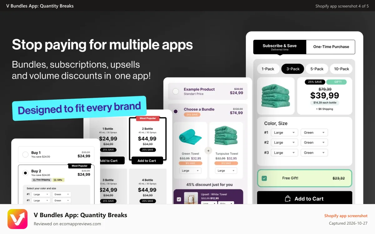 V Bundles App: Quantity Breaks Shopify app screenshot: Frequently bought together, volume discounts, related products