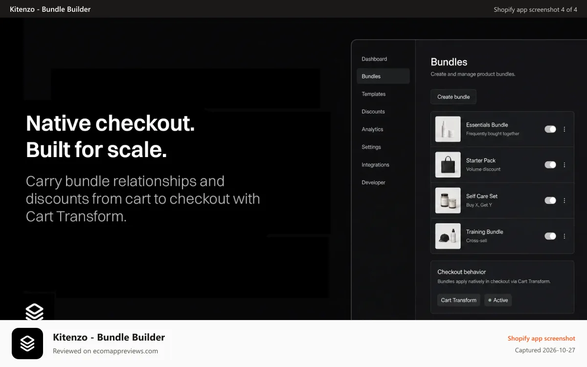 Kitenzo ‑ Bundle Builder Shopify app screenshot: Native checkout. Built for scale.