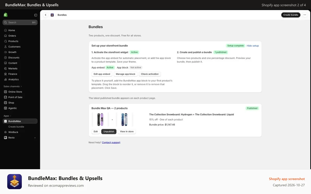 BundleMax: Bundles & Upsells Shopify app screenshot: Published two-product bundle with free access