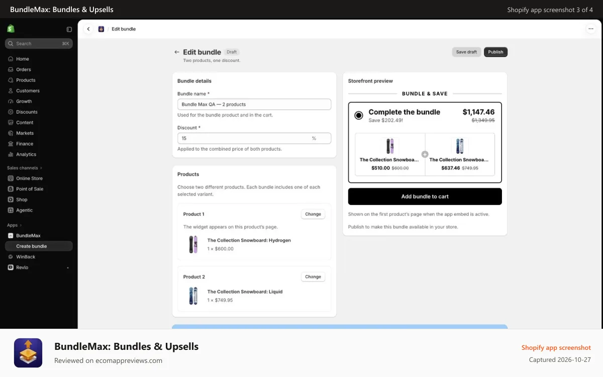 BundleMax: Bundles & Upsells Shopify app screenshot: Two-product editor with a 15% discount and draft controls