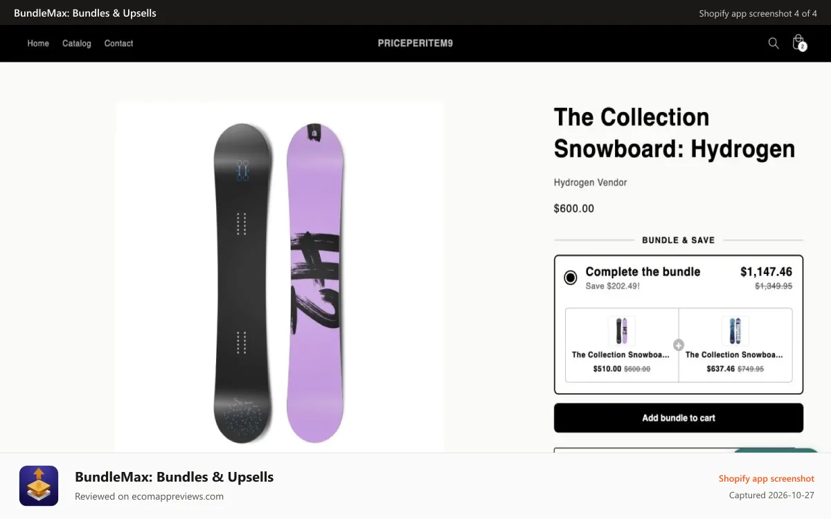 BundleMax: Bundles & Upsells Shopify app screenshot: Bundle offer with discounted prices and Add bundle to cart