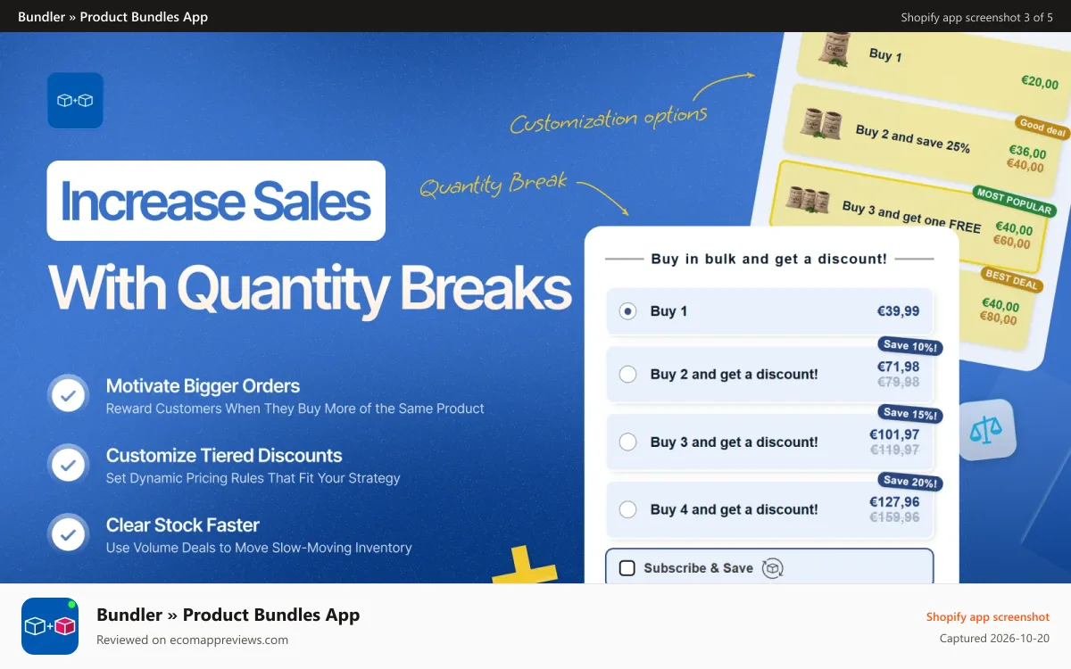 Bundler » Product Bundles App Shopify app screenshot: Bundler app allows you to easily offer quantity break discounts