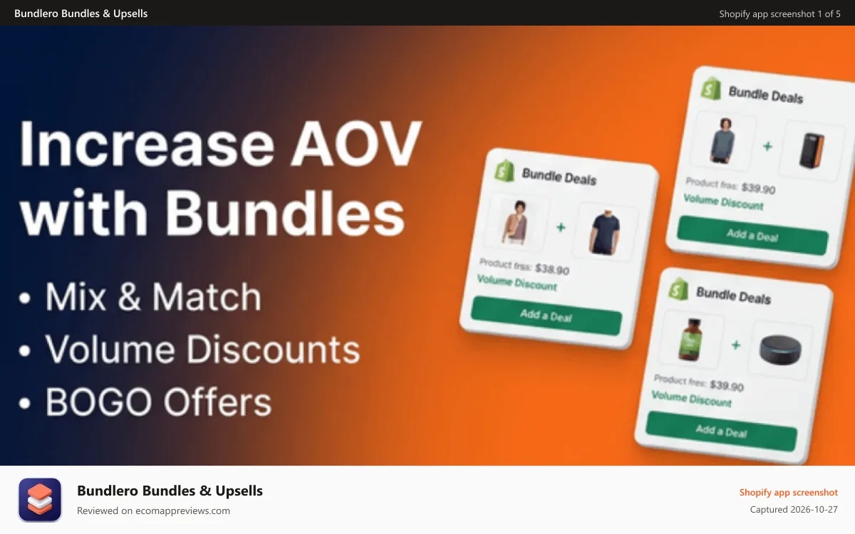 Bundlero Bundles & Upsells Shopify app screenshot: Bundlero Bundles & Upsells Bundlero Bundles & Upsells