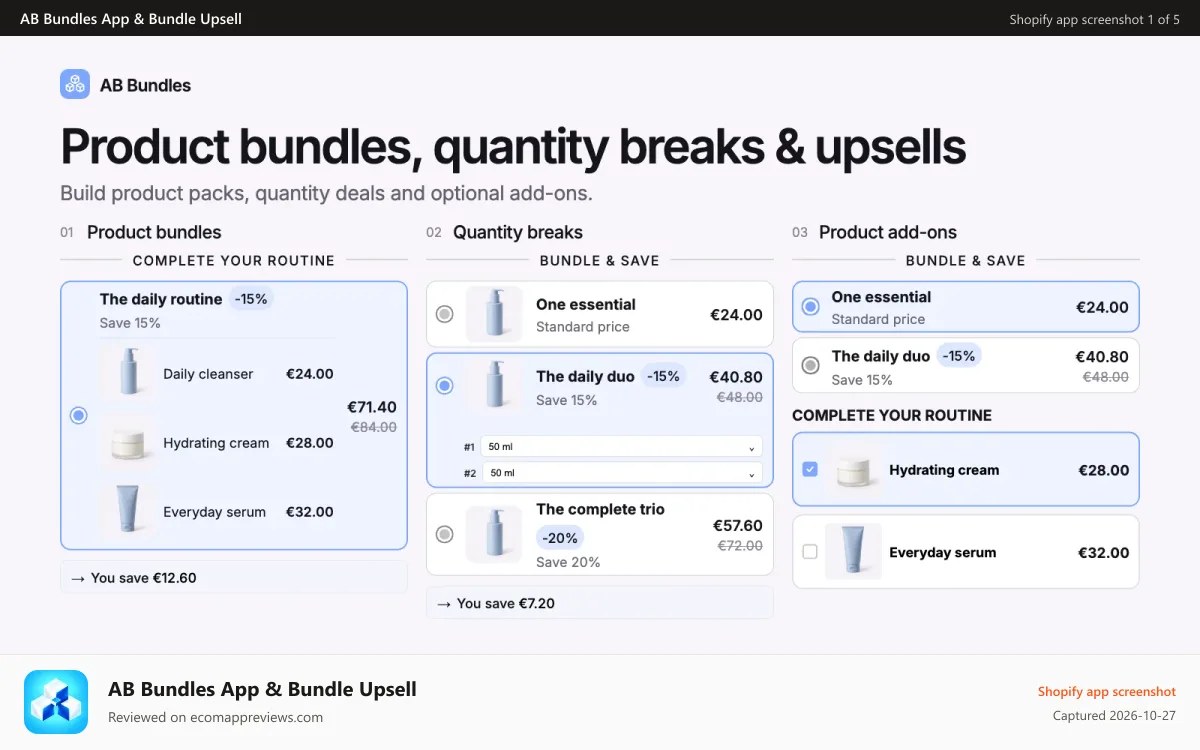 AB Bundles App & Bundle Upsell Shopify app screenshot: Product bundle, quantity deal and optional add-on widgets.