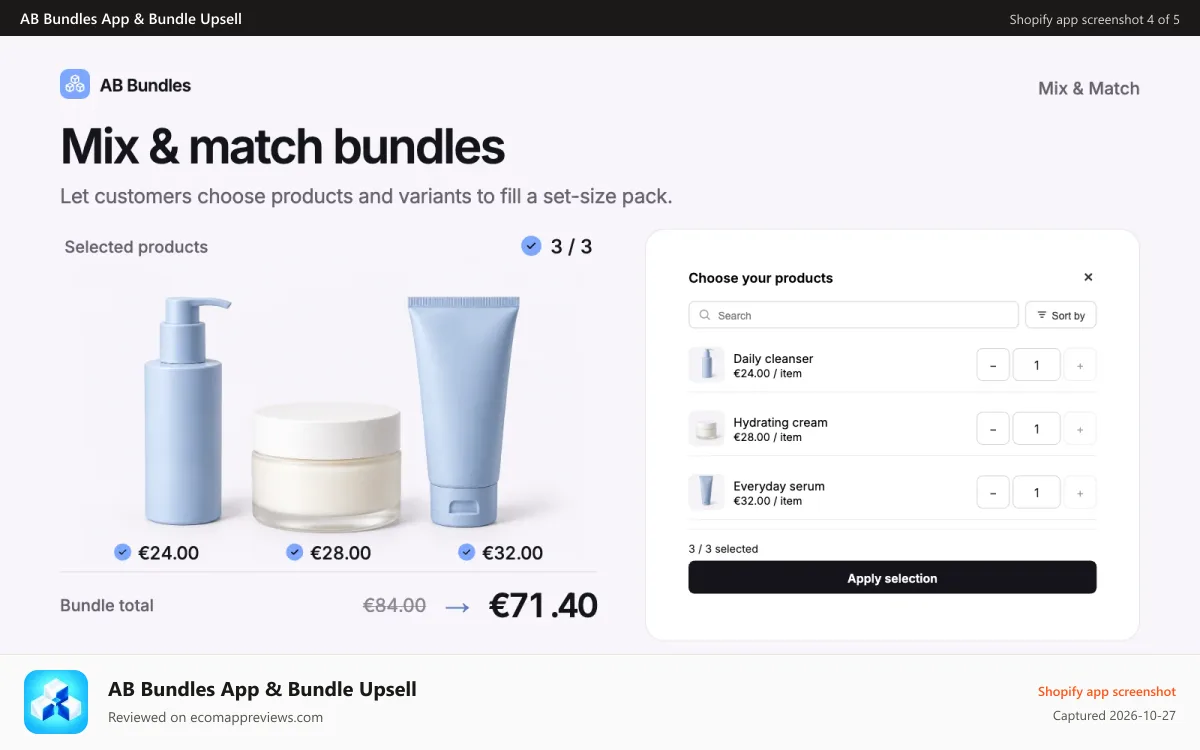 AB Bundles App & Bundle Upsell Shopify app screenshot: Mix & Match product picker with three items selected.