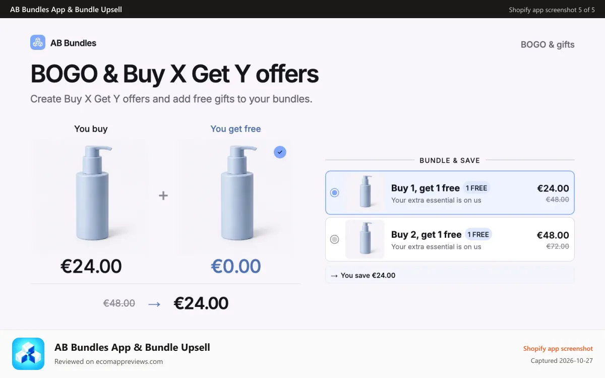 AB Bundles App & Bundle Upsell Shopify app screenshot: Buy one, get one free offer with a product gift.