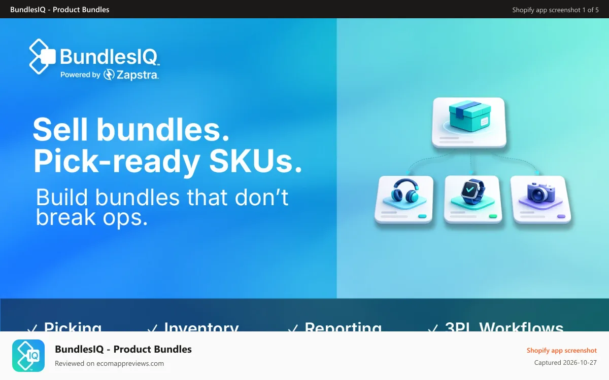 BundlesIQ ‑ Product Bundles Shopify app screenshot: BundlesIQ: Sell bundles. Pick-ready SKUs.