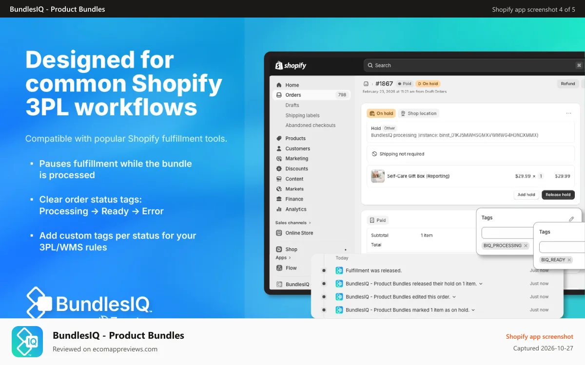 BundlesIQ ‑ Product Bundles Shopify app screenshot: Fulfillment order hold with BIQ processing and ready tags