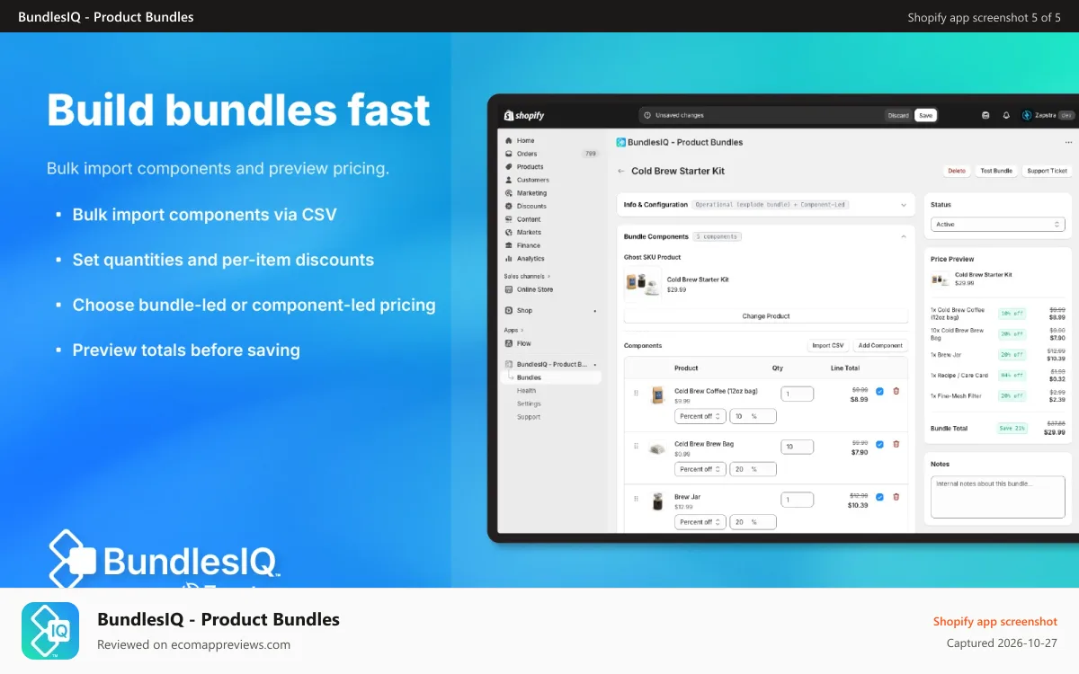 BundlesIQ ‑ Product Bundles Shopify app screenshot: Bundle editor with bulk CSV attach and component quantities