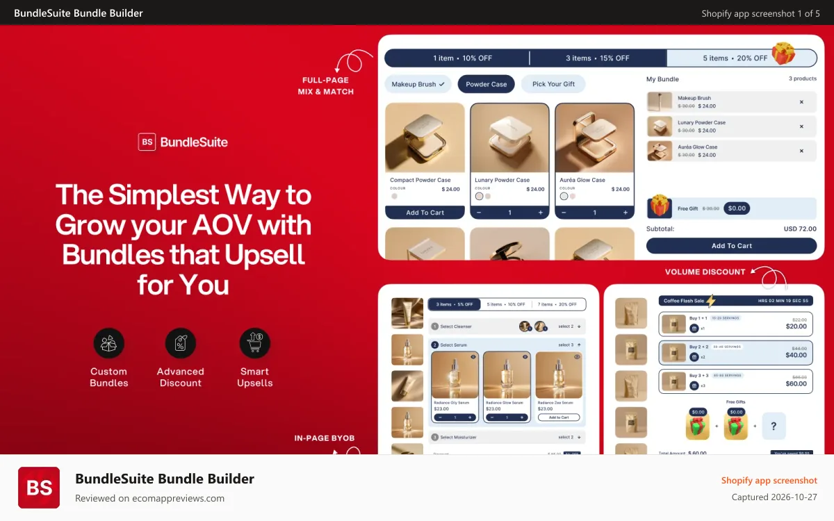 BundleSuite Bundle Builder Shopify app screenshot: BYOB, Mix and Match, Gift Box, Combo, Bogo, Volume Discount