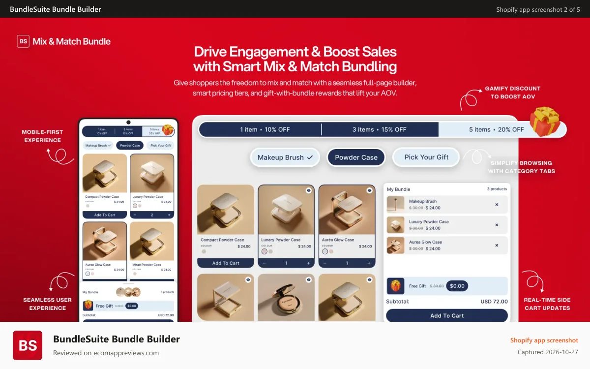 BundleSuite Bundle Builder Shopify app screenshot: BYOB, Build Your Own Bundle, Mix and Match Bundle, Full Page