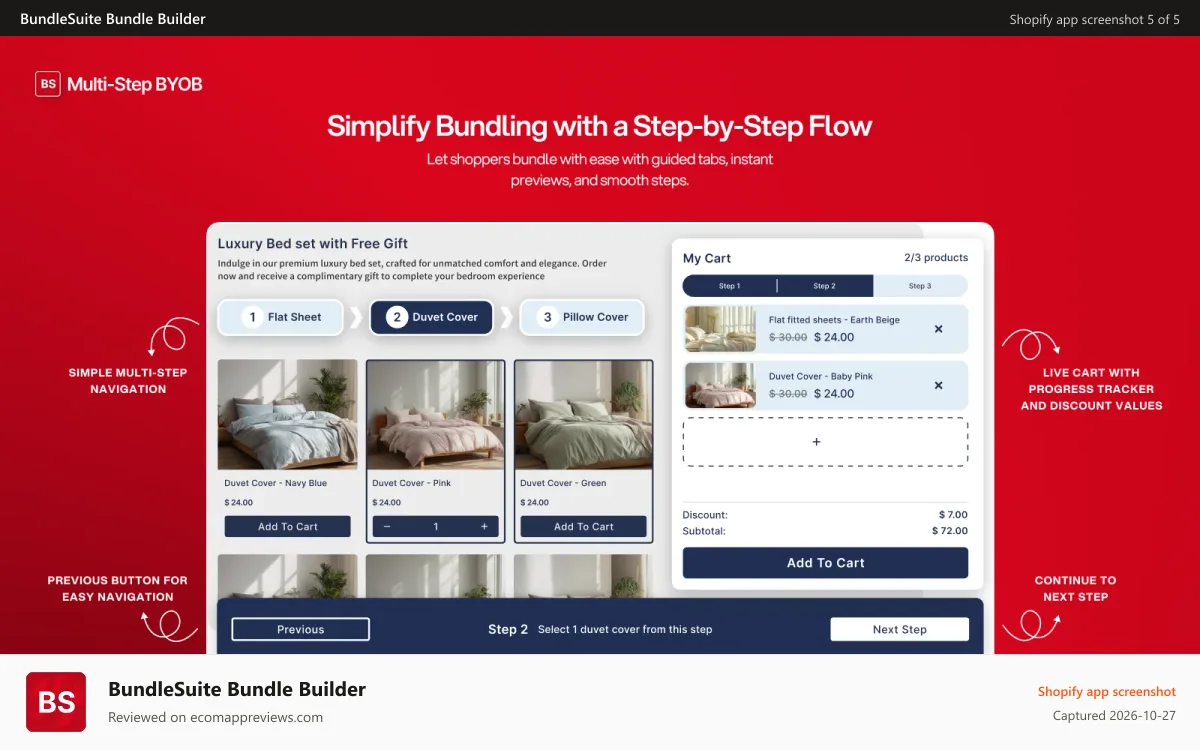 BundleSuite Bundle Builder Shopify app screenshot: Multi Step BYOB Bundle, Multi Step Mix and Match Bundle