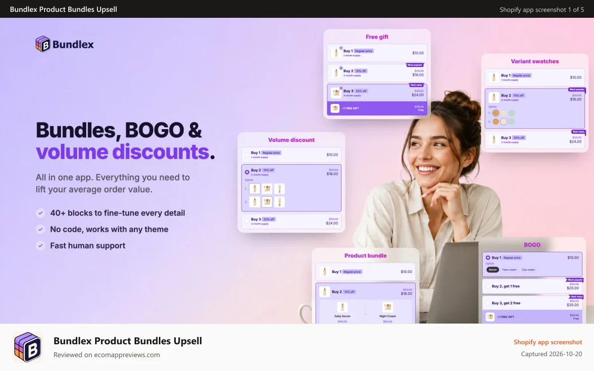 Bundlex Product Bundles Upsell Shopify app screenshot: Bundles, BOGO and quantity discounts builder