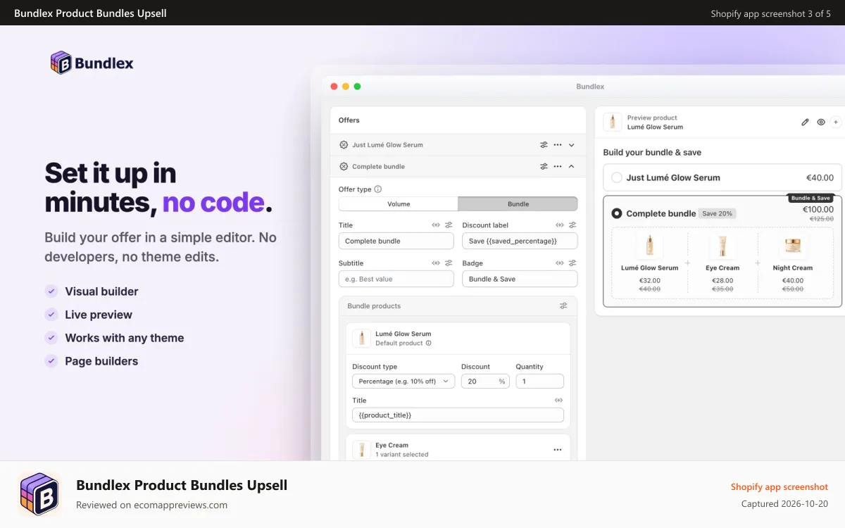 Bundlex Product Bundles Upsell Shopify app screenshot: No-code bundle builder with live preview