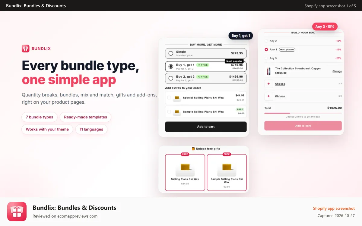 Bundlix: Bundles & Discounts Shopify app screenshot: Bundlix bundle widgets on a product page