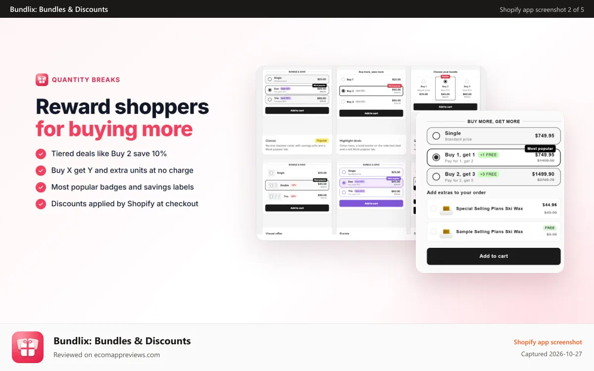 Bundlix: Bundles & Discounts Shopify app screenshot: Quantity breaks and buy X get Y deals