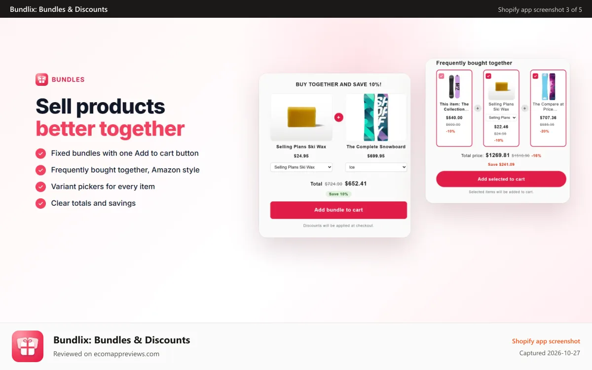 Bundlix: Bundles & Discounts Shopify app screenshot: Fixed bundles and frequently bought together