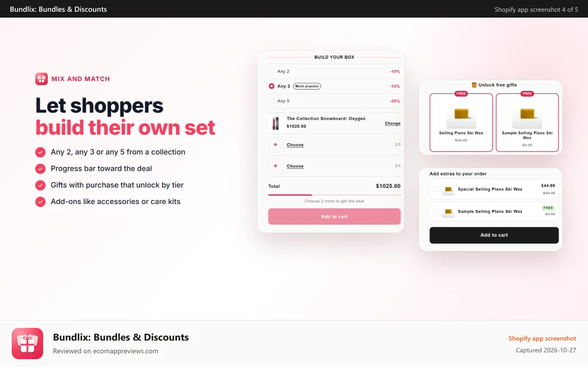 Bundlix: Bundles & Discounts Shopify app screenshot: Mix and match with gifts and add-ons