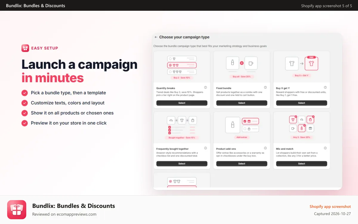 Bundlix: Bundles & Discounts Shopify app screenshot: Choosing a bundle type in the Bundlix admin