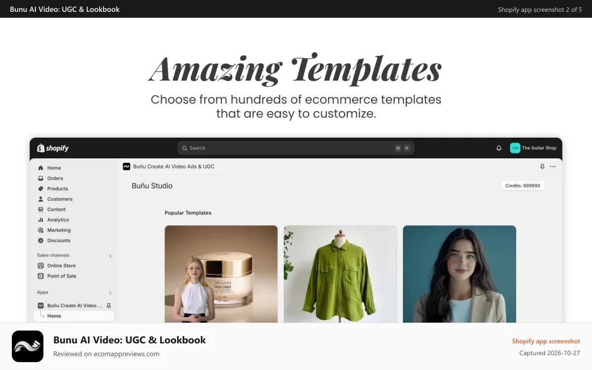 Bunu AI Video: UGC & Lookbook Shopify app screenshot: Amazing e-commerce templates