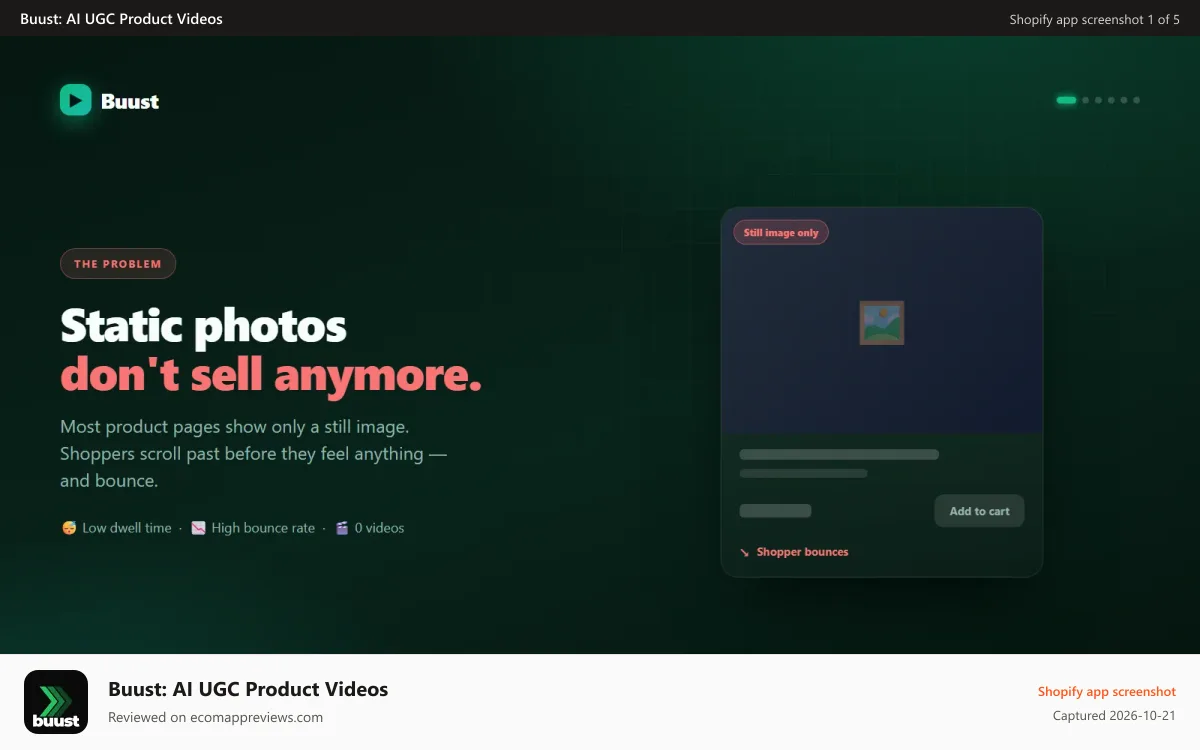 Buust: AI UGC Product Videos Shopify app screenshot: Product page mockup showing only a static image, no video