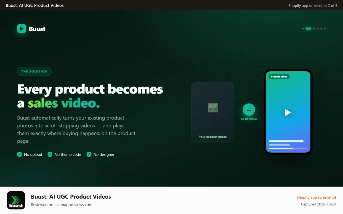 Buust: AI UGC Product Videos Shopify app screenshot: Product photo turning into a vertical product video