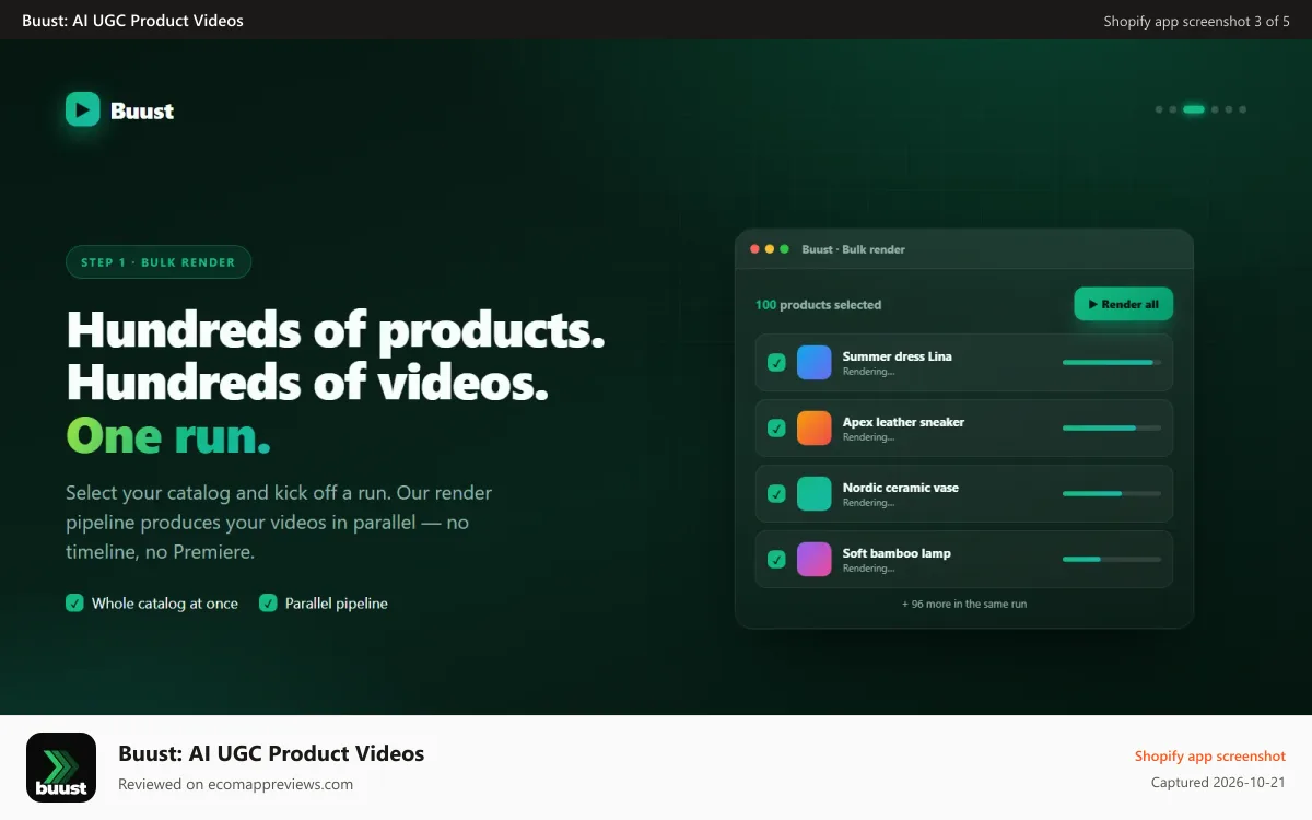 Buust: AI UGC Product Videos Shopify app screenshot: Bulk render dashboard with multiple products rendering