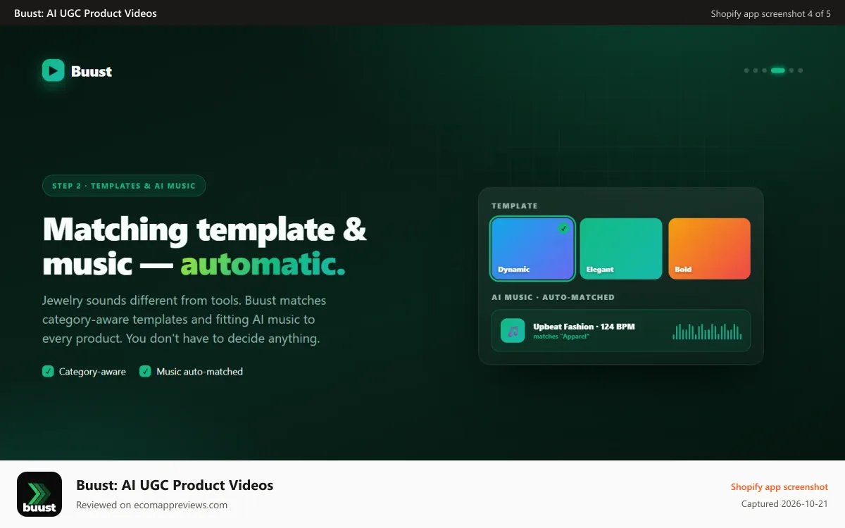 Buust: AI UGC Product Videos Shopify app screenshot: Template picker with a category-matched music track