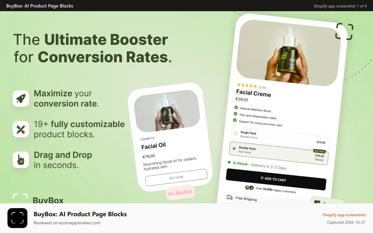 BuyBox: AI Product Page Blocks Shopify app screenshot: Product page conversion rate with trust badges, bundles, upsell