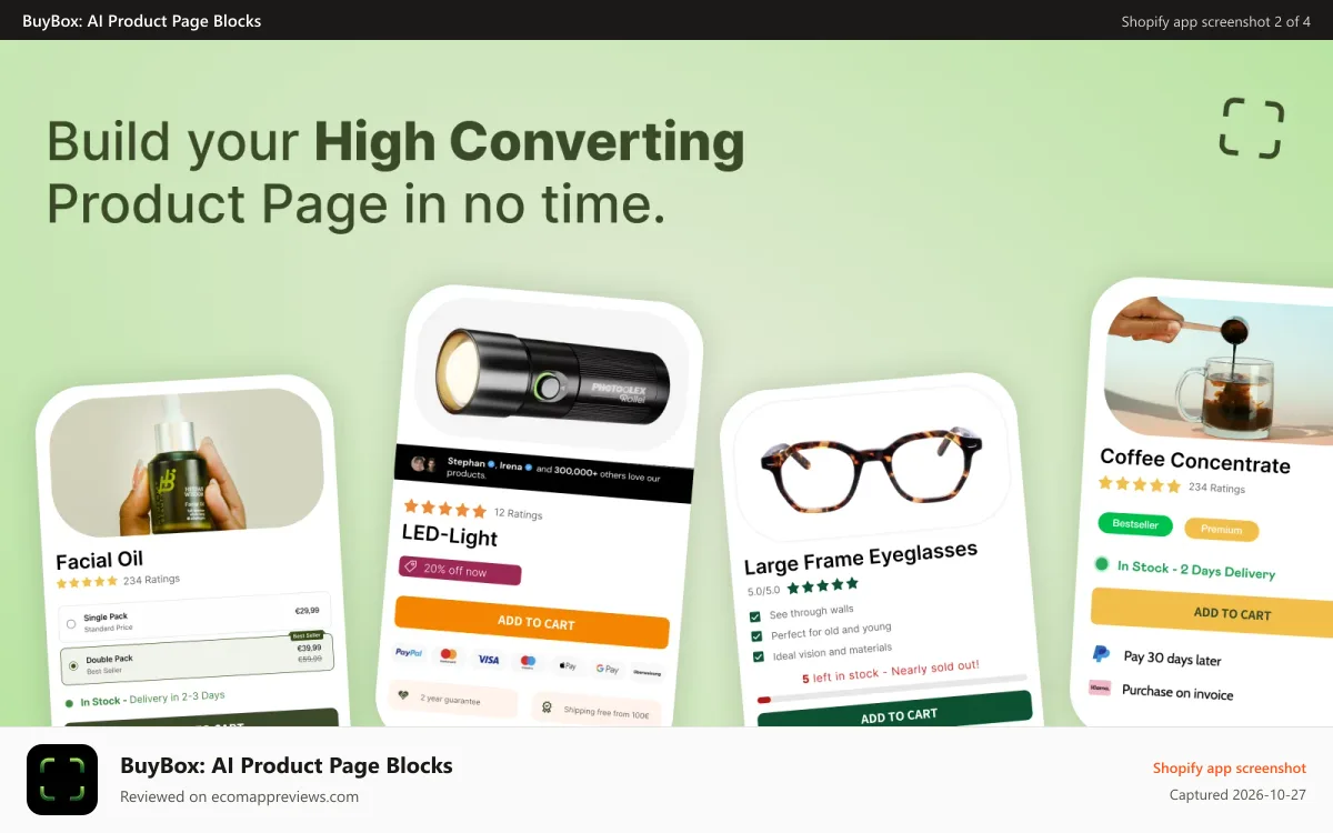 BuyBox: AI Product Page Blocks Shopify app screenshot: Product Page Templates with Bundles, Upsells, Trust Badges