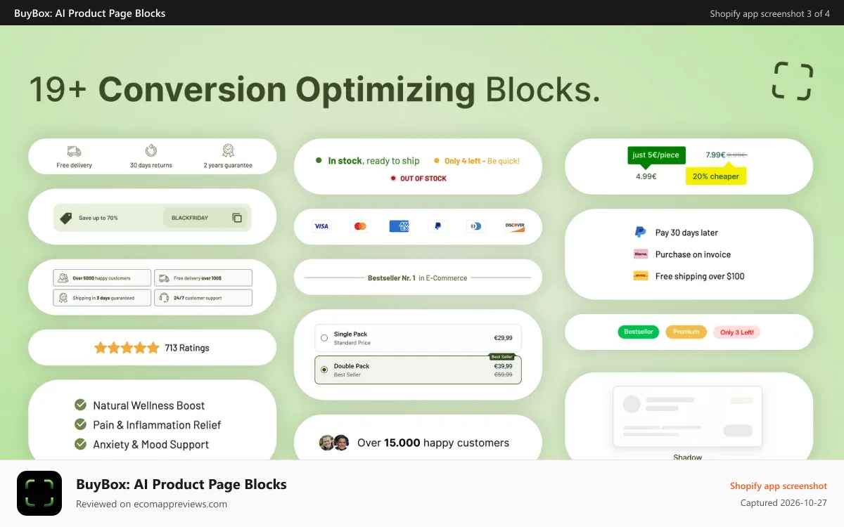 BuyBox: AI Product Page Blocks Shopify app screenshot: All product page blocks to boost conversion rate Trust Badges...