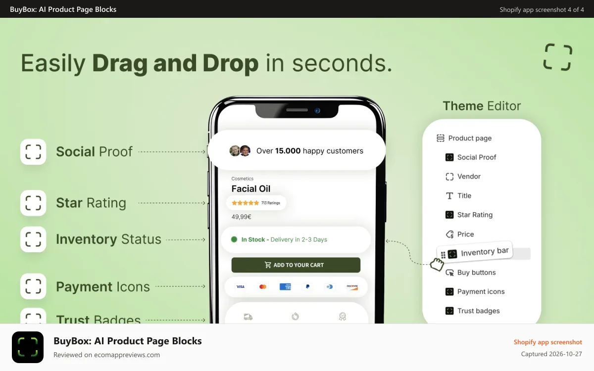 BuyBox: AI Product Page Blocks Shopify app screenshot: Product page builder blocks + bundle in the Shopify theme editor