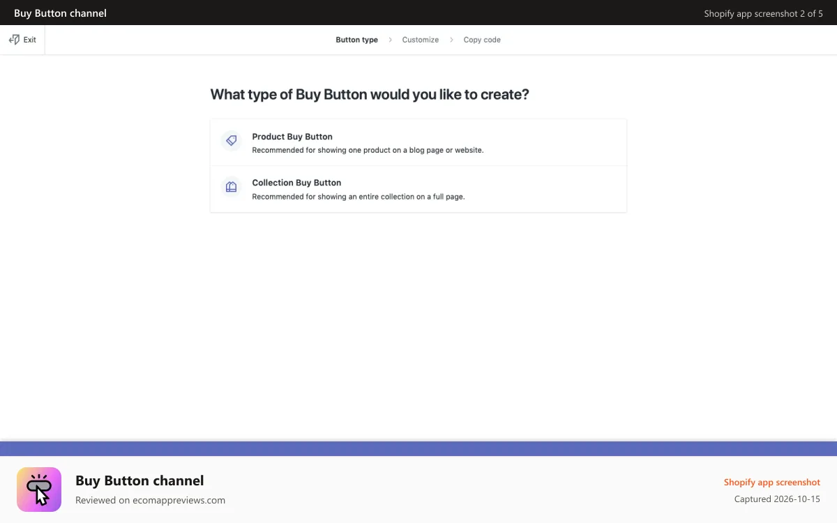 Buy Button channel Shopify app screenshot: Create Buy Buttons for products or collections