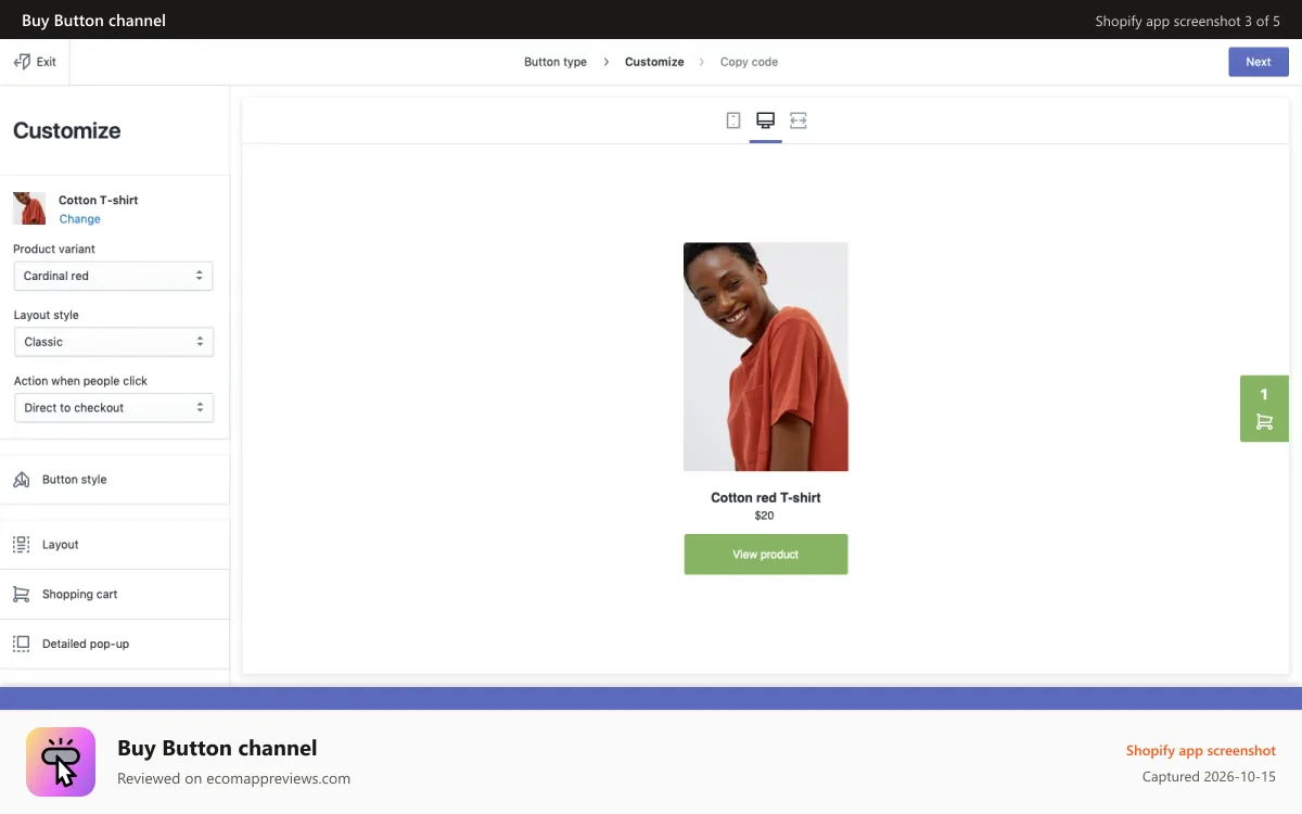 Buy Button channel Shopify app screenshot: Customize the look and feel of your buy buttons