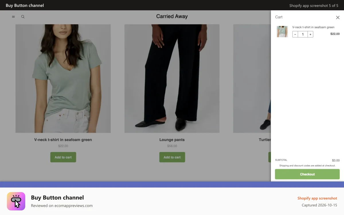 Buy Button channel Shopify app screenshot: Add a cart to your website or have customers directly checkout