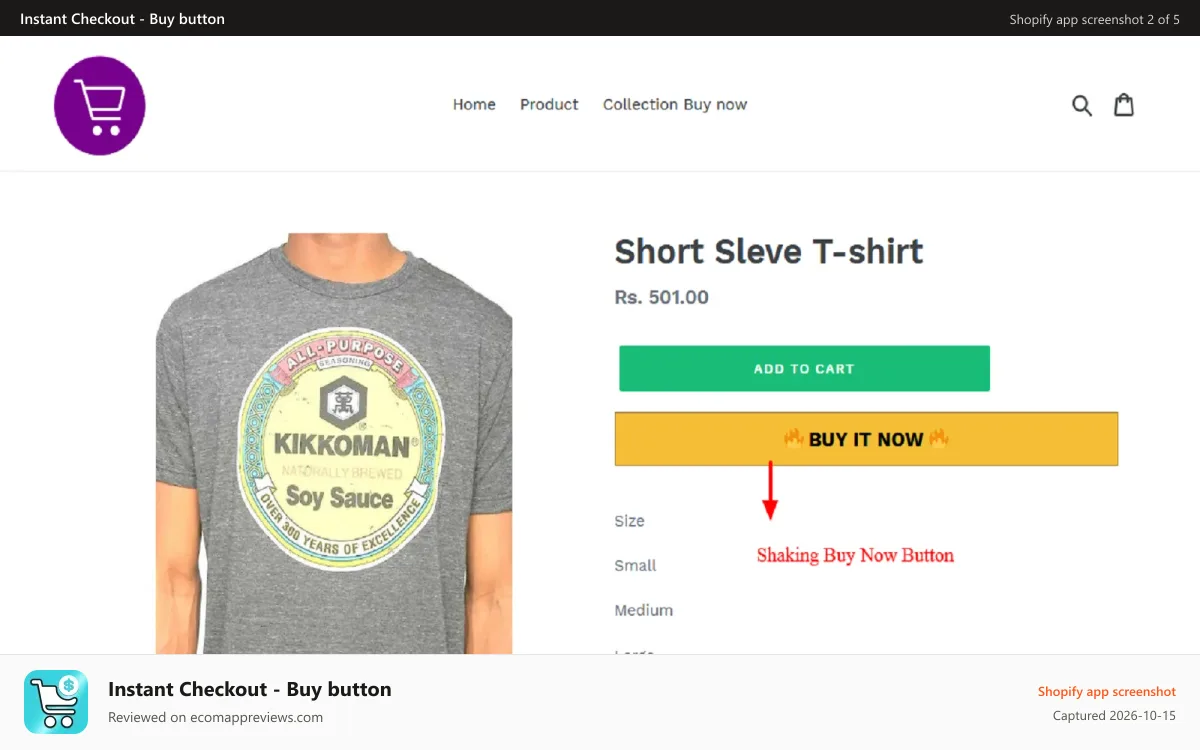 Instant Checkout ‑ Buy button Shopify app screenshot: Product page buy now button