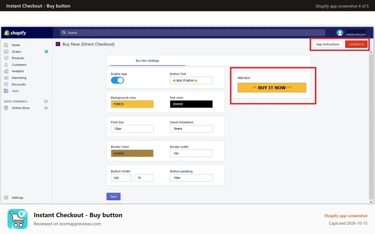 Instant Checkout ‑ Buy button Shopify app screenshot: Admin