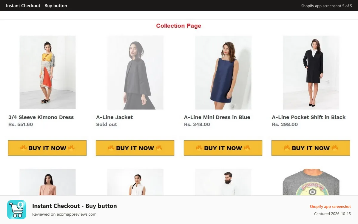 Instant Checkout ‑ Buy button Shopify app screenshot: Collection page buy now