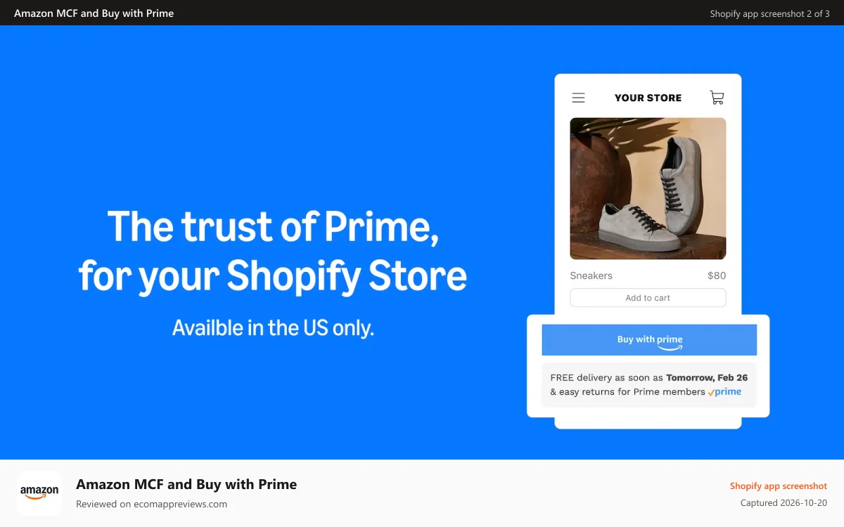 Amazon MCF and Buy with Prime Shopify app screenshot: The trust of Prime for your Shopify Store