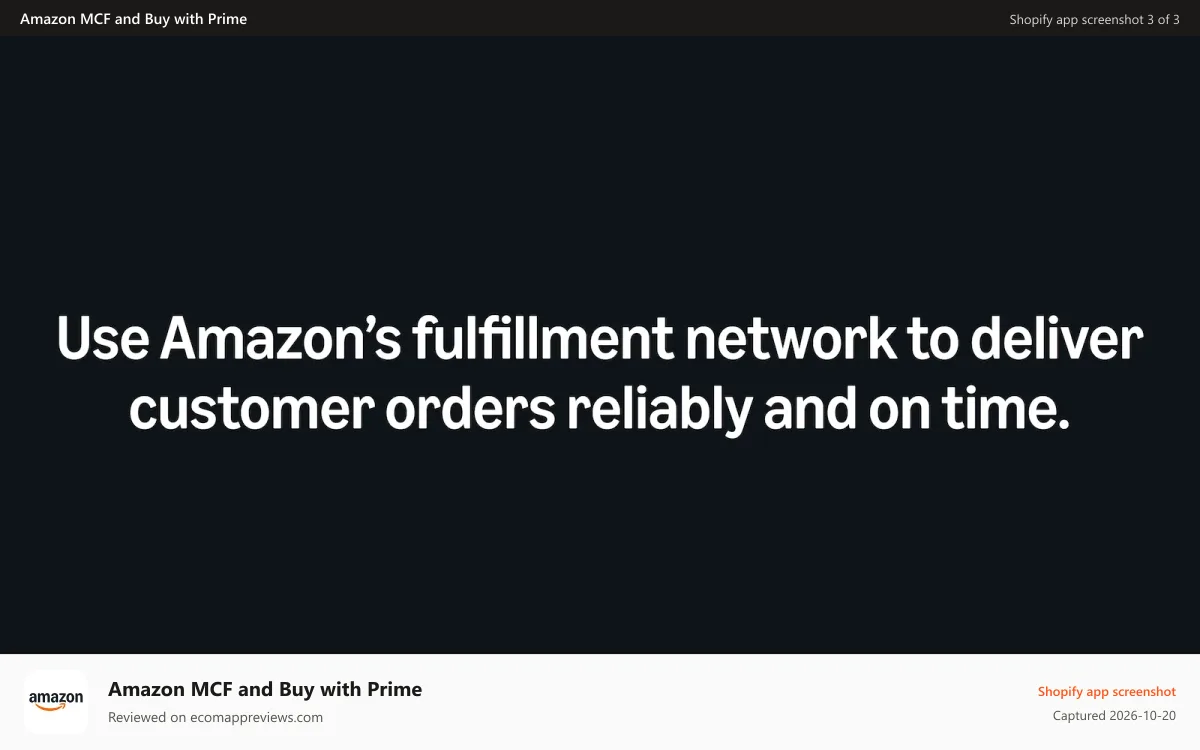 Amazon MCF and Buy with Prime Shopify app screenshot: Use Amazon's fulfillment network to deliver reliably and on time