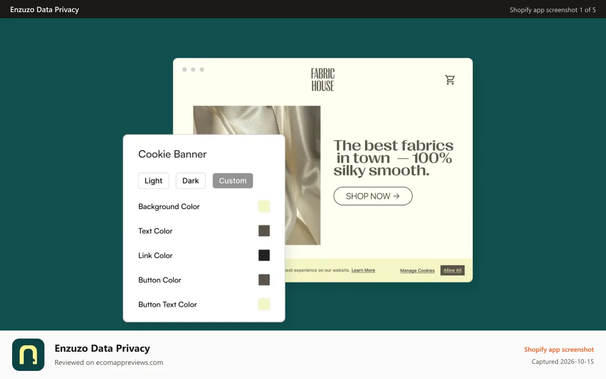 Enzuzo Data Privacy Shopify app screenshot: Customized cookie banner and cookie manager for consent