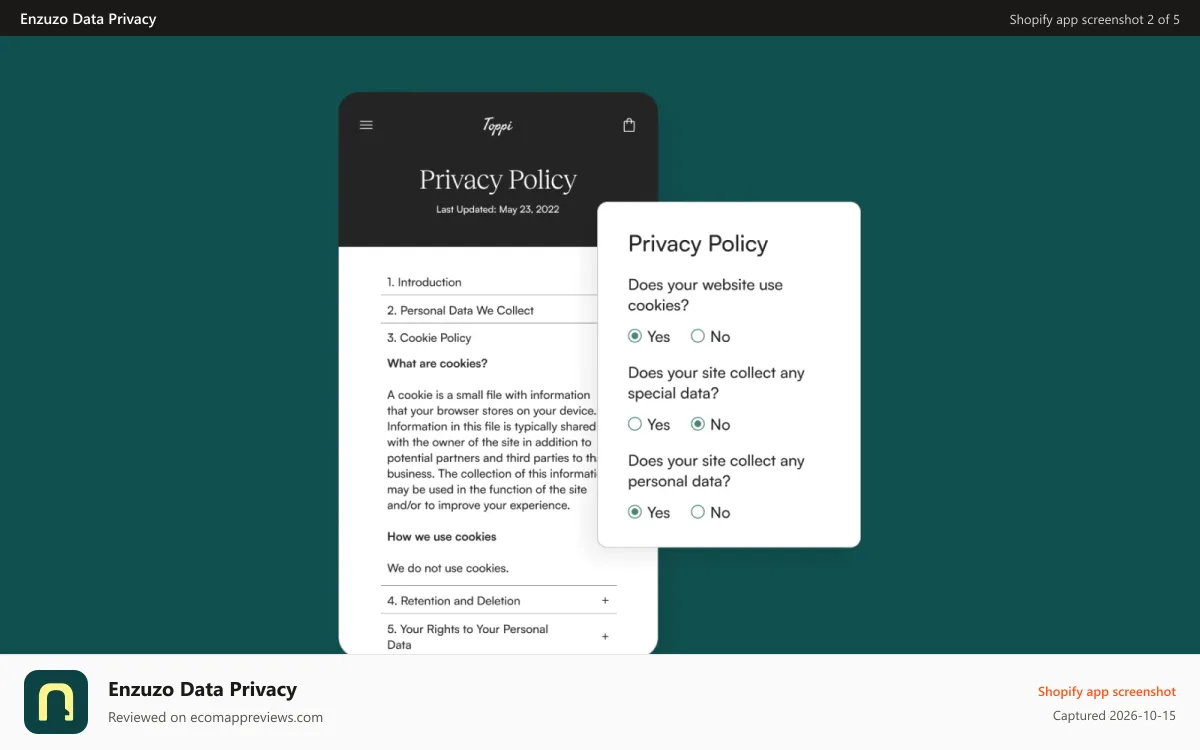 Enzuzo Data Privacy Shopify app screenshot: Mobile friendly privacy policy for CCPA and GDPR compliance