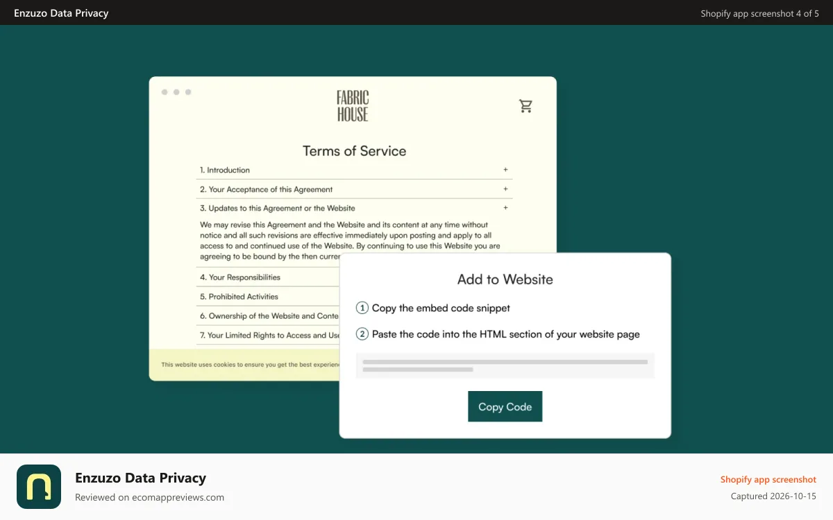Enzuzo Data Privacy Shopify app screenshot: Create a terms of service or terms and conditions for your store