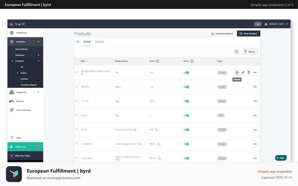European Fulfillment | byrd Shopify app screenshot: Inventory tab – manage your inventory & create new products