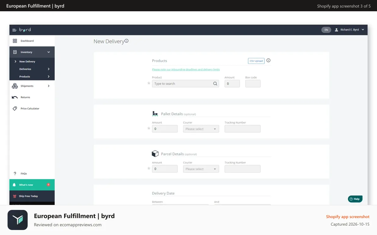 European Fulfillment | byrd Shopify app screenshot: New delivery tab – create a new delivery and manage shipments