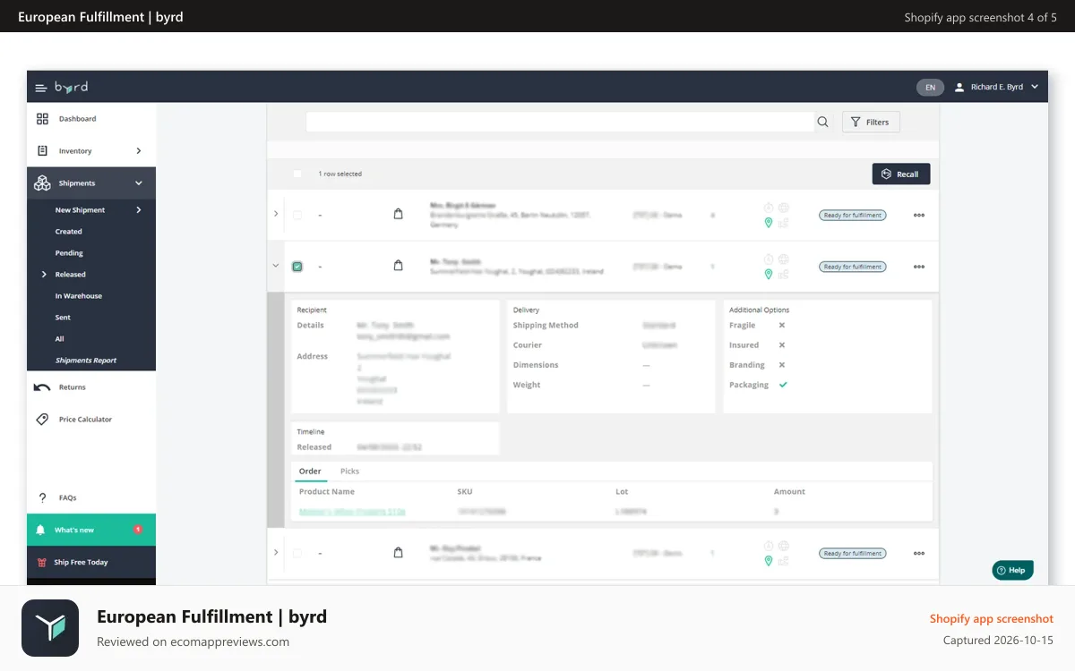 European Fulfillment | byrd Shopify app screenshot: Shipment tab - manage all the steps of your fulfillment process