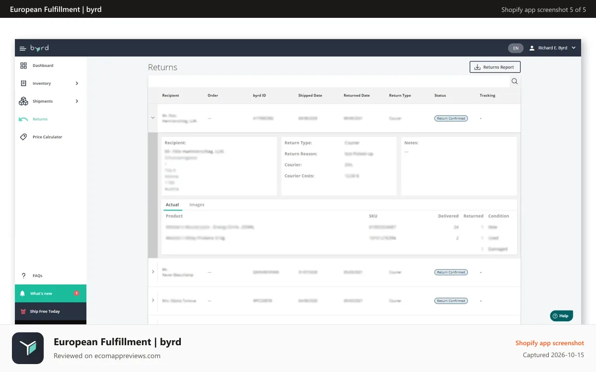 European Fulfillment | byrd Shopify app screenshot: Returns tab- oversee returns and optimize your reverse logistics
