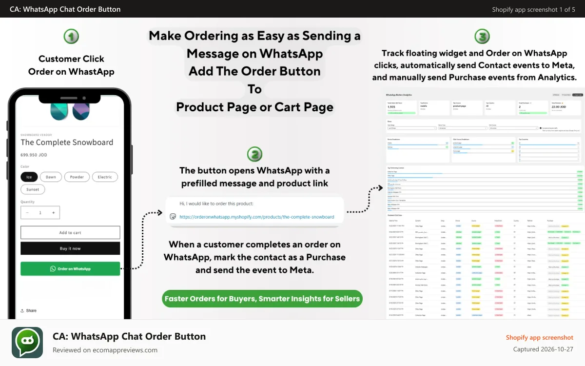 CA: WhatsApp Chat Order Button Shopify app screenshot: Make Ordering as Easy as Sending a Message on Shopify WhatsApp