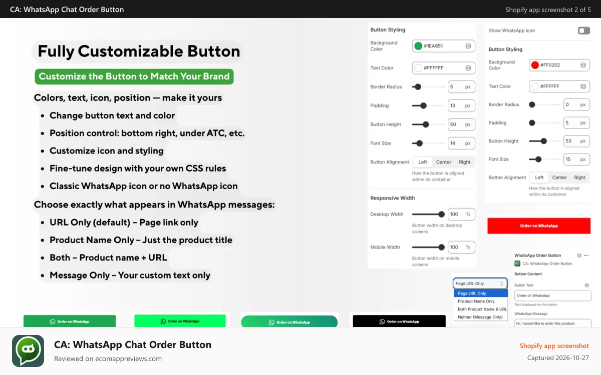 CA: WhatsApp Chat Order Button Shopify app screenshot: Fully Customizable Button - CA: WhatsApp Order Button on Shopify